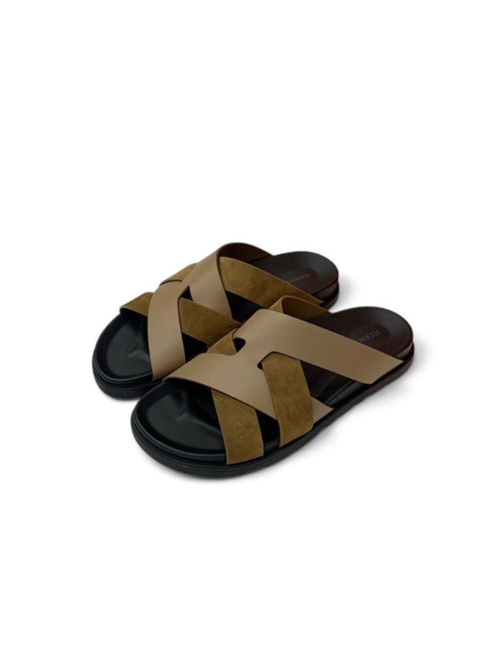 Hermes Casimir Sandals Shoes Leather Suede Brown Black Flat